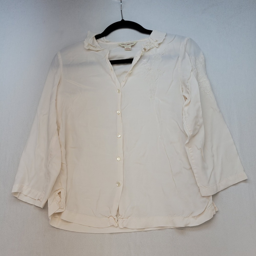 April Cornell Blouse Womens XXS Cream Cottagecore Embroidered Ruffle Peasant